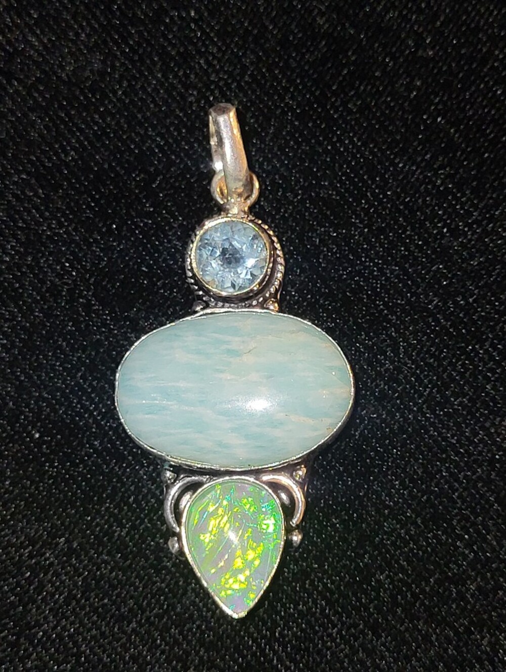925 Sterling Silver Multi-Stone Pendant Fire Opal Doublet Amazonite Topaz